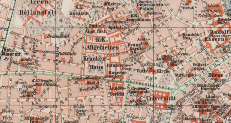 Stadtplan von Wien innerhalb des Gürtels, Beilage zum Meyers Konversationslexikon von 1905.